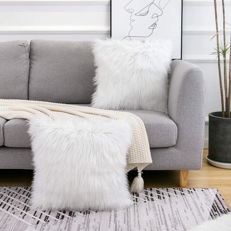 WLNUI Set of 2 White Decorative Fluffy Pillow Covers New Luxury Series Merino Style Faux Fur Throw Pillow Covers Square Fuzzy Cushion Case Spring Easter Home Decor 20x20 Inch - Image 2
